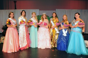 Miss Teen Popcorn court selected in festivities Saturday night at River Valley High School are (l - r): Karington Reed, Annslea Schaber, Sydney Randal, Miss Teen Popcorn 2015 Jennifer Moodie, 1st Runner Up Alexis Ritter, Jaden Smith, and Kaylee Wallace.